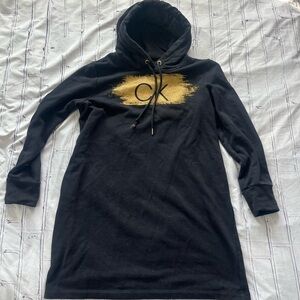 Calvin Klein Black Gold Hoodie Dress Midi CK Logo Women’s L Pullover Sweatshirt